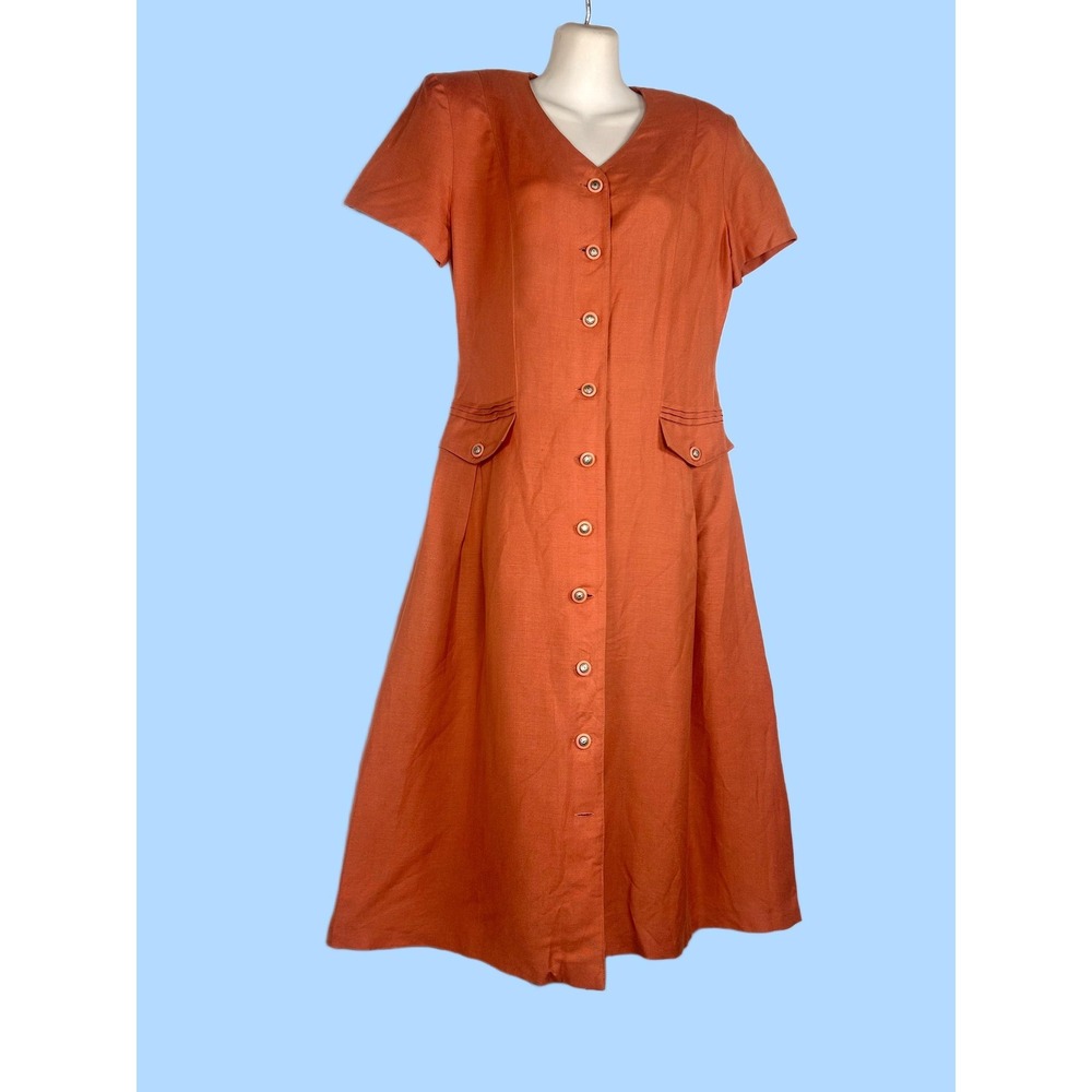 Vintage Talbots Rust Orange Linen Blend Button-Front Dress – (Size 8P)